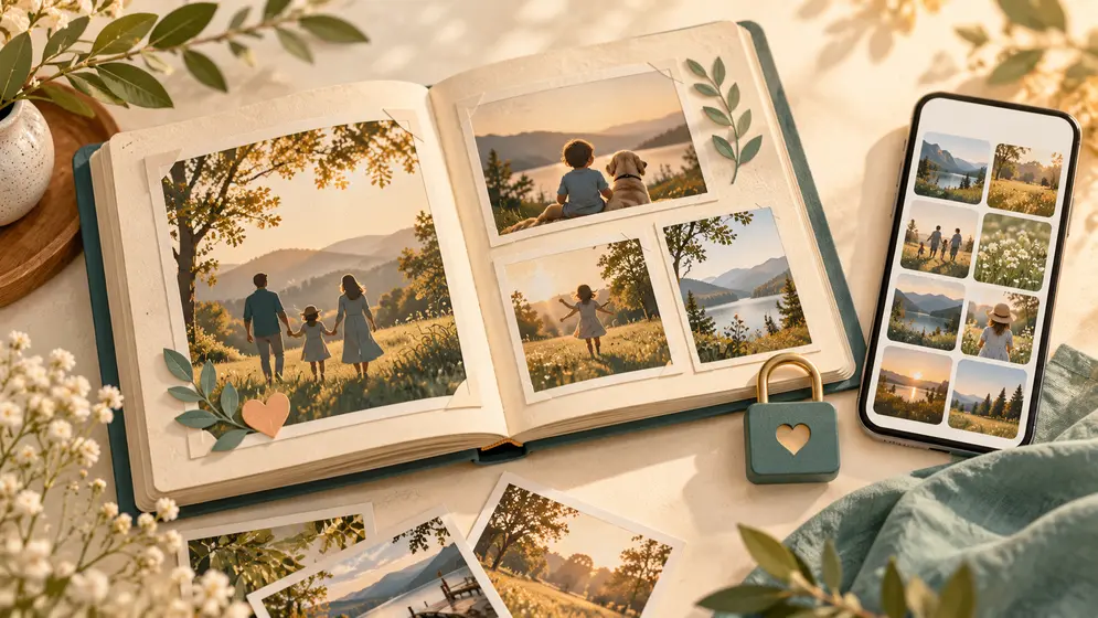 Сімейний фотоальбом, добірка фотографій на смартфоні та символ приватного доступу