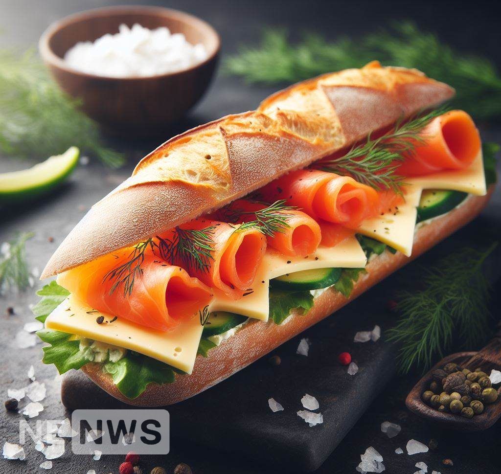 Baguette with cheese, smoked salmon and dill