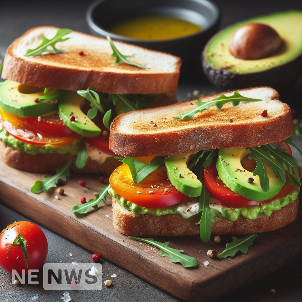 Canapka with avocado, tomatoes and arugula
