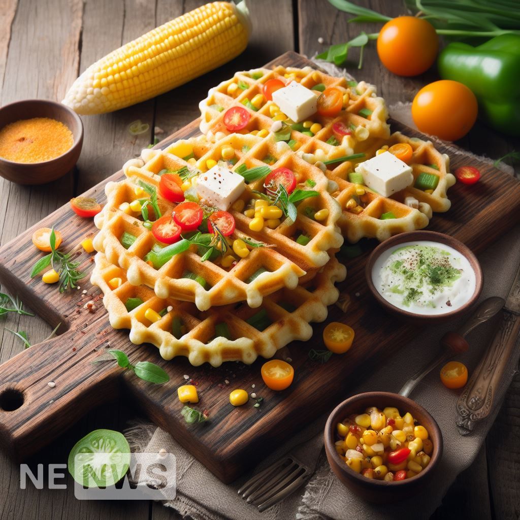 Corn waffles or yeast-free bread with cheese, vegetables and herbs