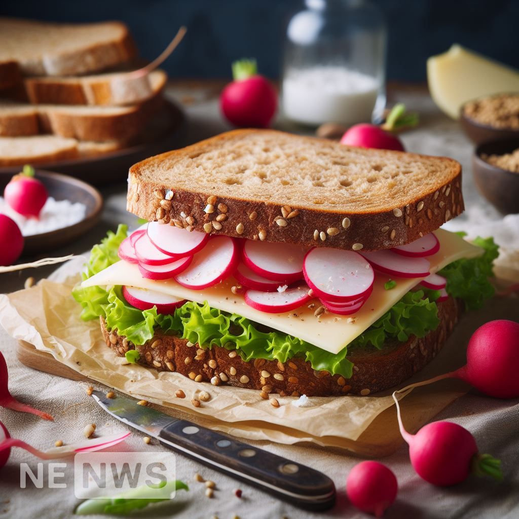 Whole grain bread sandwich with cheese and radish