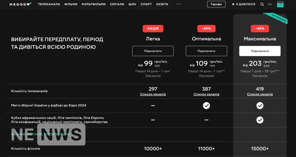 Ціни на тарифи MEGOGO