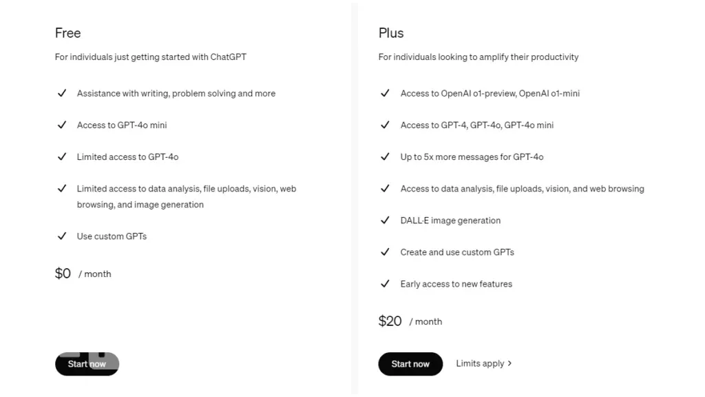 Paid and free versions of ChatGPT