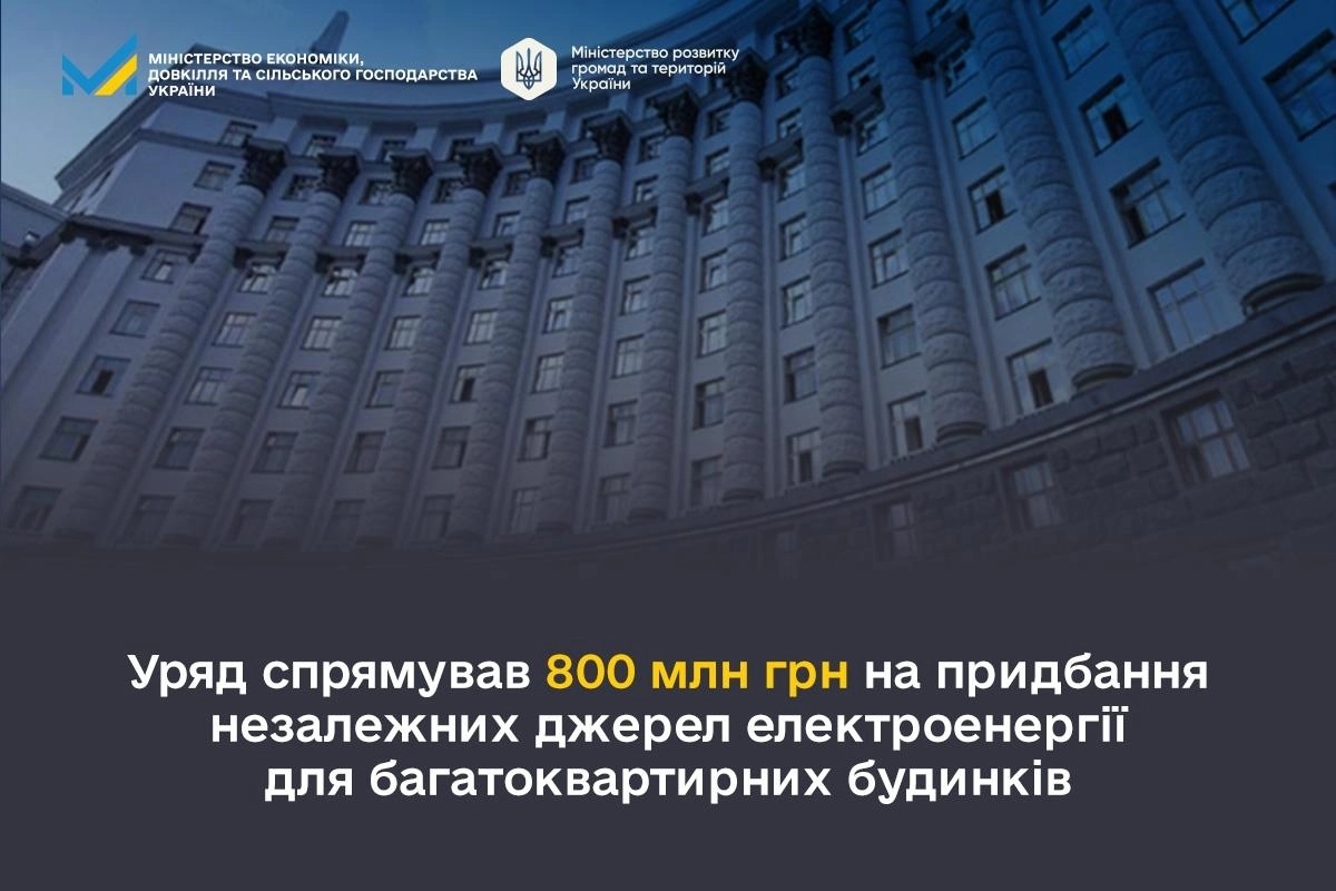 Будівля уряду України з текстом про виділення 800 млн грн на електроенергію для багатоквартирних будинків