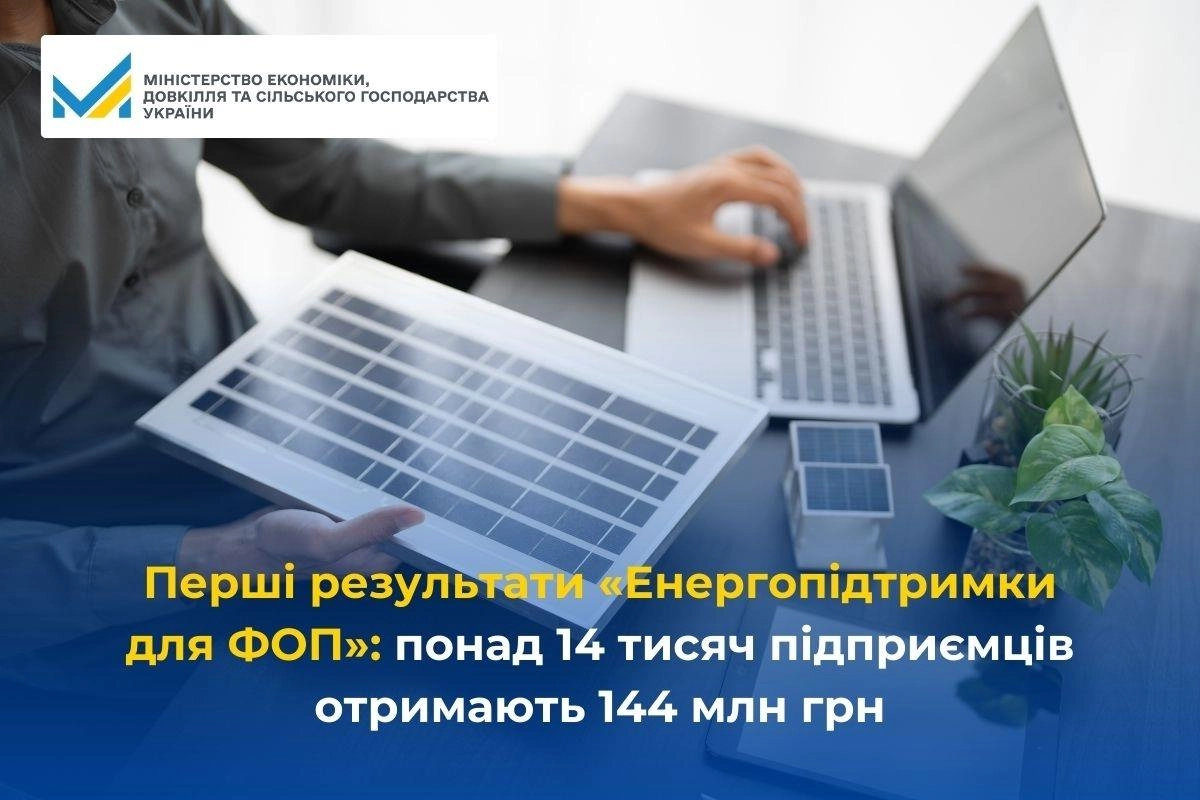Людина тримає сонячну панель, поруч ноутбук і документи, текст про результати програми «Енергопідтримка для ФОП