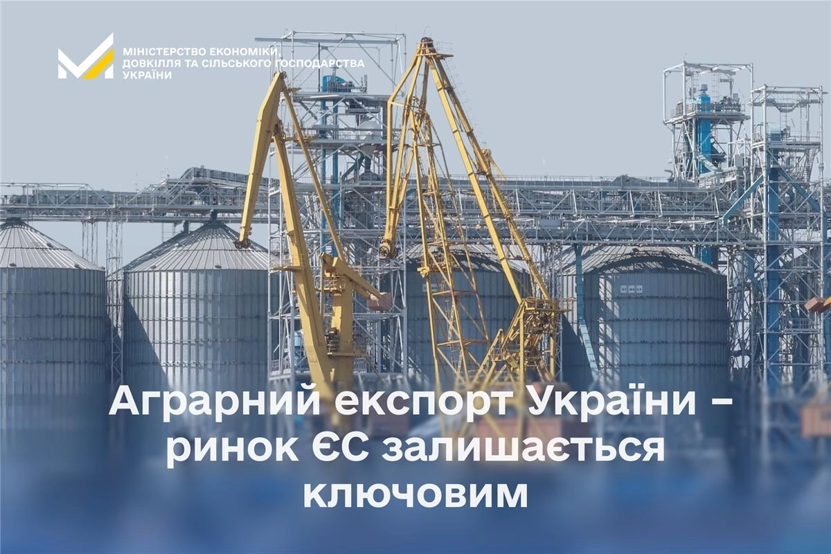 Елеватори та крани в порту, що символізують експорт агропродукції з України на міжнародні ринки